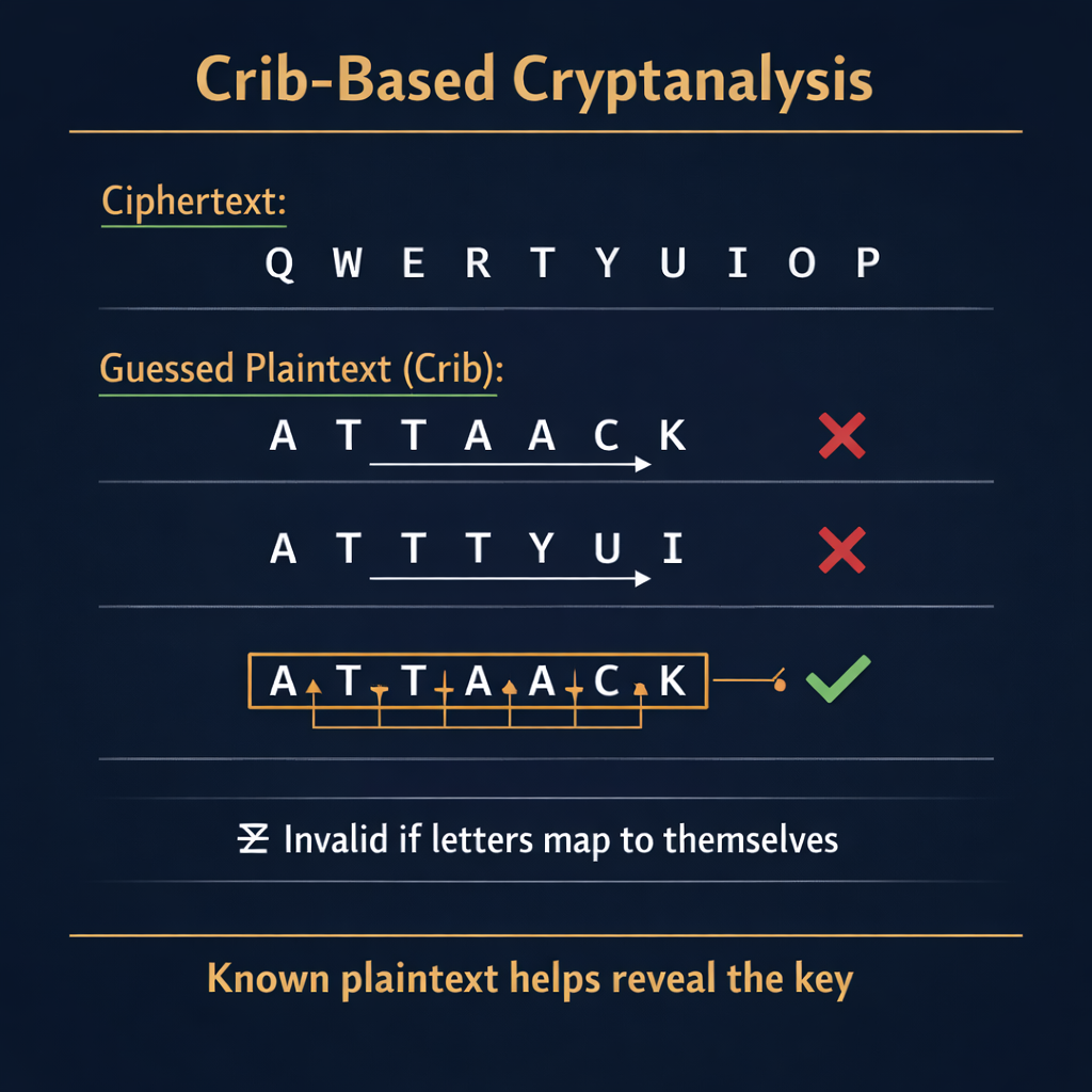 Diagram illustrating the crib-based cryptanalysis method used to break Enigma by exploiting known plaintext patterns