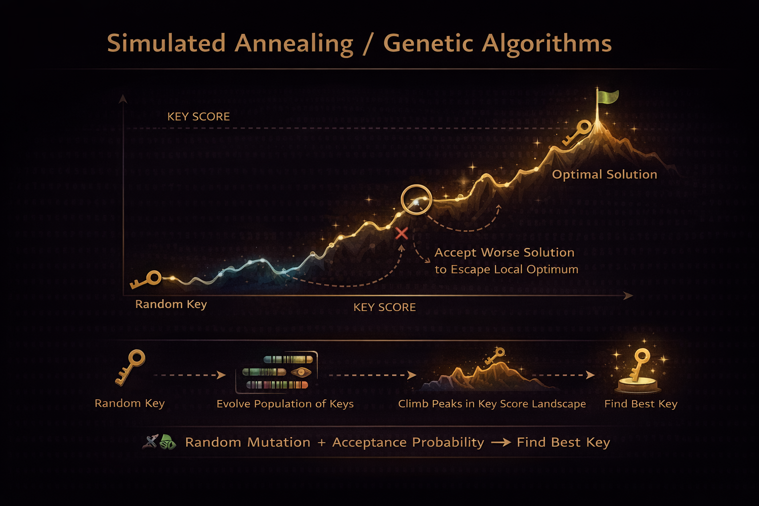 Diagram illustrating simulated annealing and genetic algorithm optimization techniques used in modern cryptanalysis
