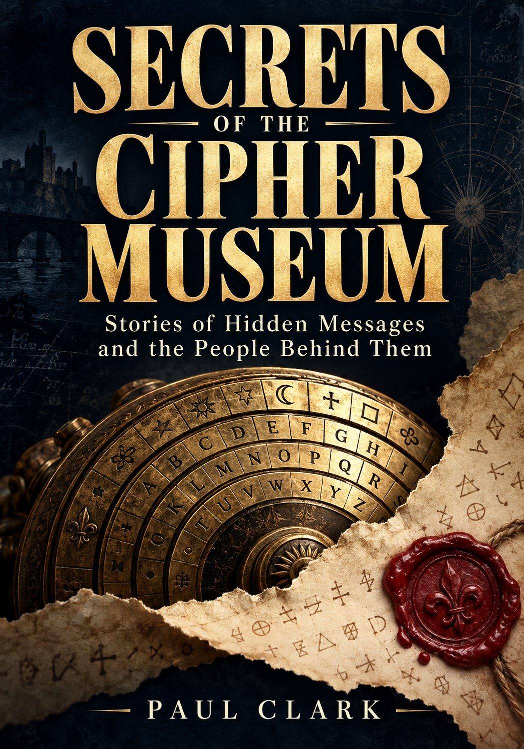 Cover of Secrets of the Cipher Museum by Paul Clark: gold lettering, a cipher wheel, torn parchment and a red wax seal.